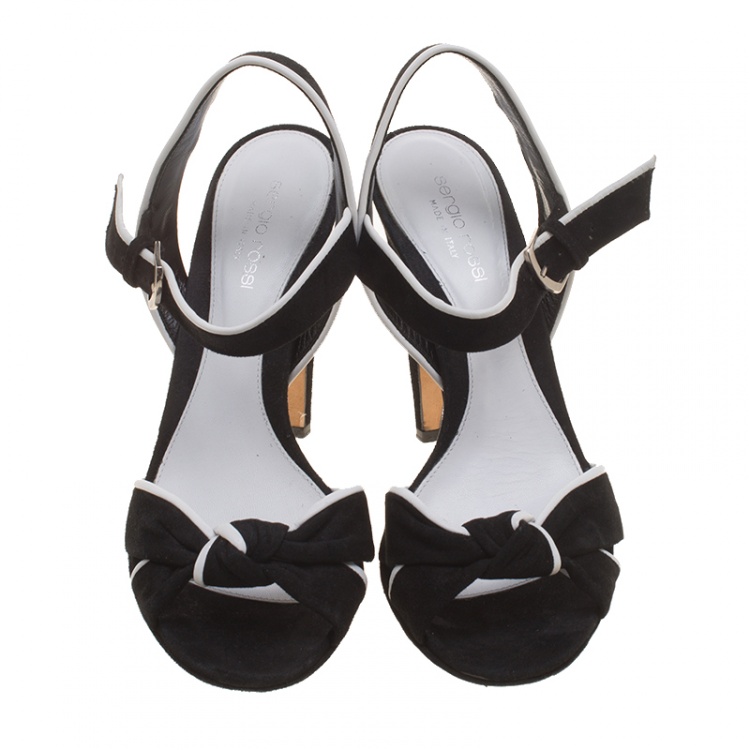 Pre Owned Sergio Rossi Monochrome Suede and Leather Knot Detail Peep Toe Slingback Platform Sandals Size 38