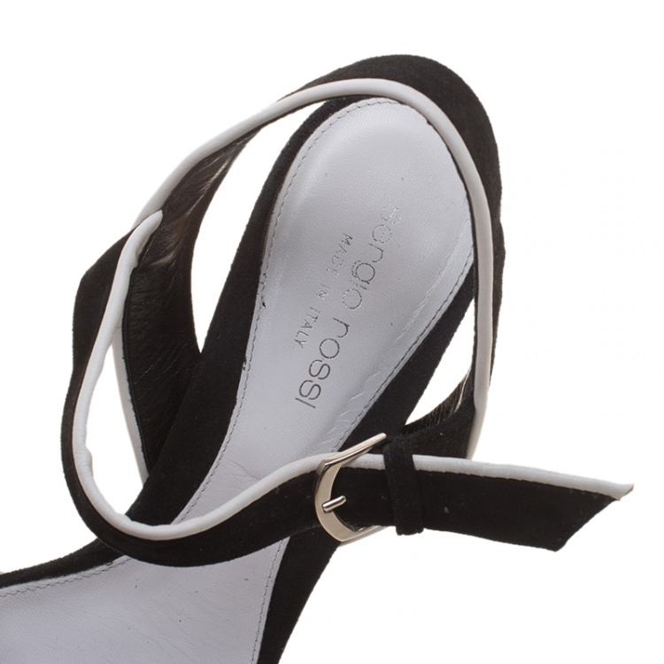 Pre Owned Sergio Rossi Monochrome Suede and Leather Knot Detail Peep Toe Slingback Platform Sandals Size 38