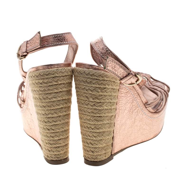 Pre Owned Sergio Rossi Rose Gold Leather Slingback Espadrilles Wedge Sandals Size 40