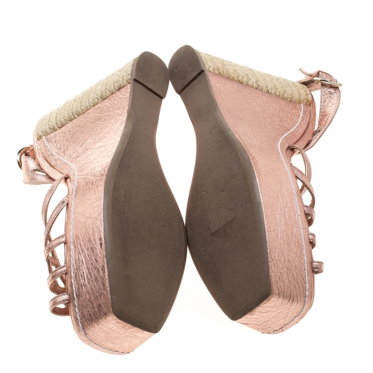 Pre Owned Sergio Rossi Rose Gold Leather Slingback Espadrilles Wedge Sandals Size 40