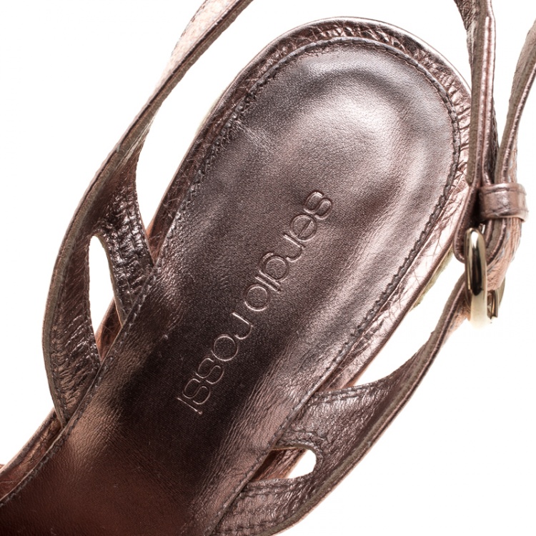 Pre Owned Sergio Rossi Rose Gold Leather Slingback Espadrilles Wedge Sandals Size 40