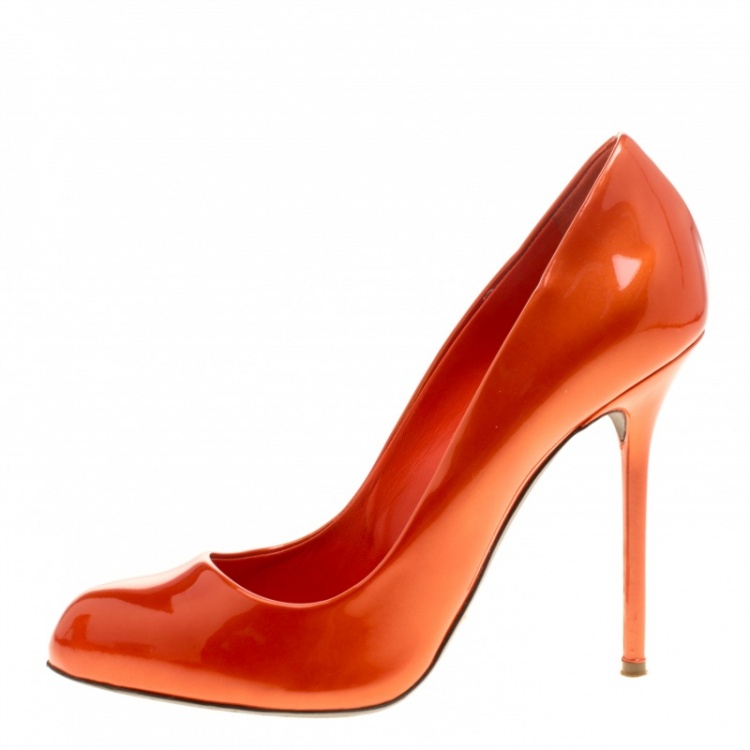 Pre Owned Sergio Rossi Orange Patent Leather Flamenco Pumps Size 38