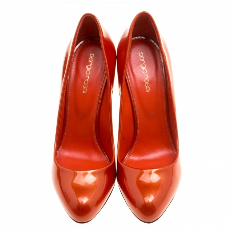 Pre Owned Sergio Rossi Orange Patent Leather Flamenco Pumps Size 38