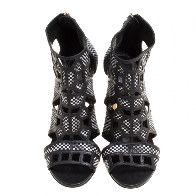 Pre Owned Sergio Rossi Monochrome Woven Raffia And Leather Cutout Sandals Size 36