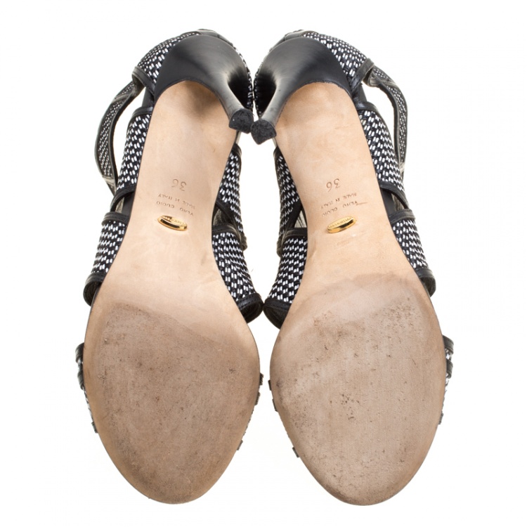 Pre Owned Sergio Rossi Monochrome Woven Raffia And Leather Cutout Sandals Size 36