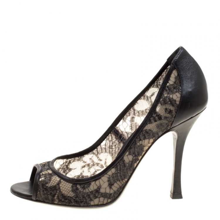 مملوكة مسبقًا Sergio Rossi Black Lace And Leather Peep Toe Pumps Size 38.5