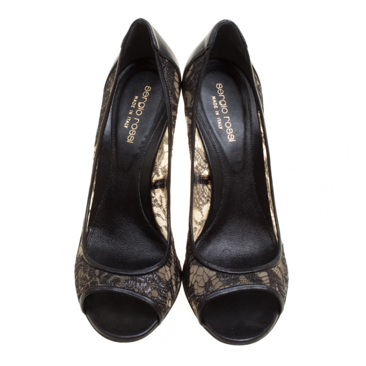 مملوكة مسبقًا Sergio Rossi Black Lace And Leather Peep Toe Pumps Size 38.5