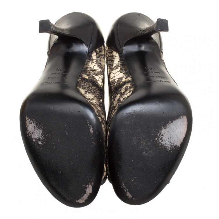 مملوكة مسبقًا Sergio Rossi Black Lace And Leather Peep Toe Pumps Size 38.5