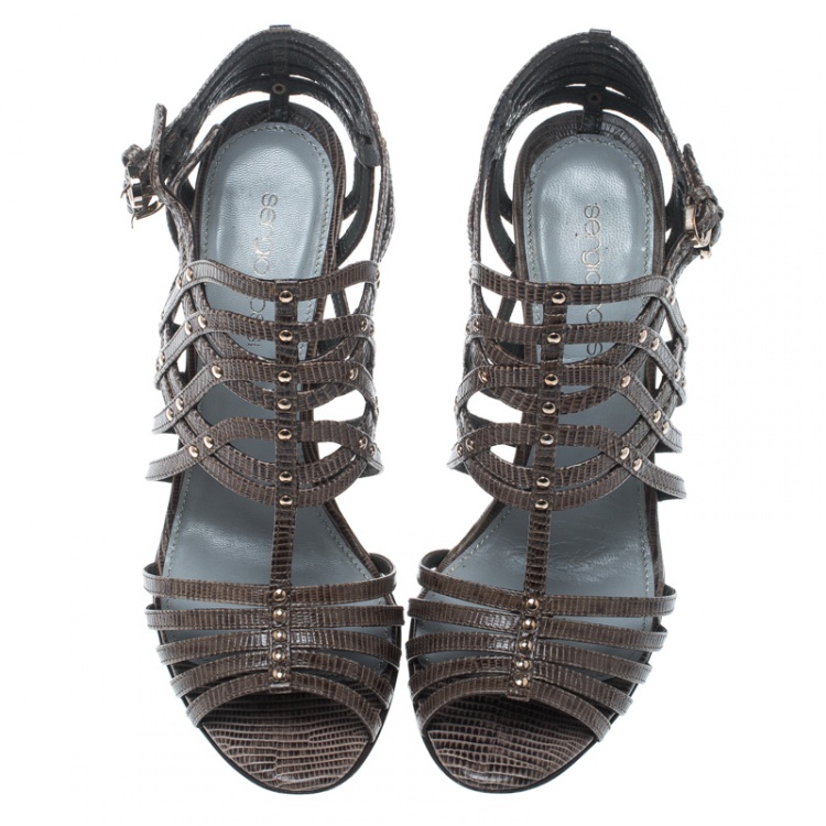 Pre Owned Sergio Rossi Grey Lizard Leather Peep Toe Cage Sandals Size 36.5