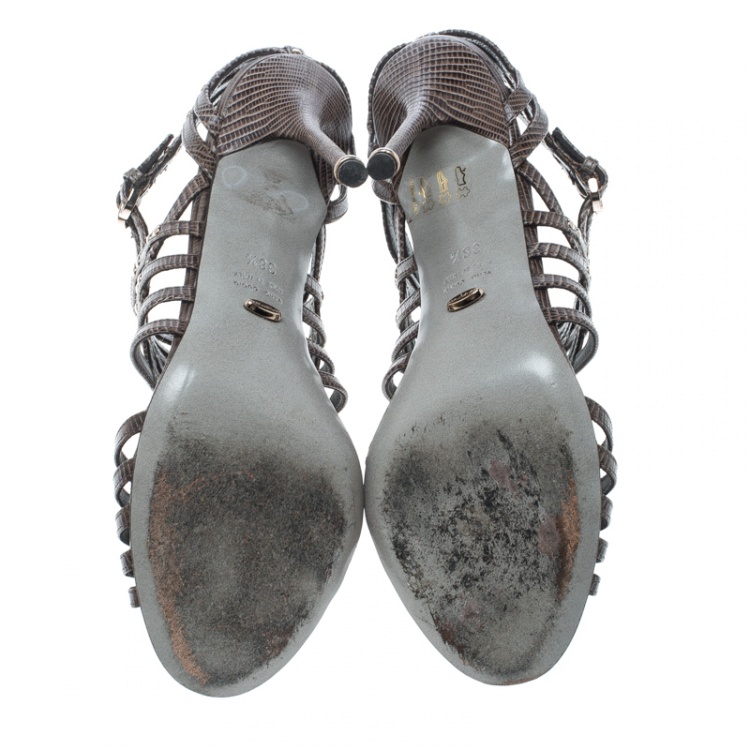Pre Owned Sergio Rossi Grey Lizard Leather Peep Toe Cage Sandals Size 36.5