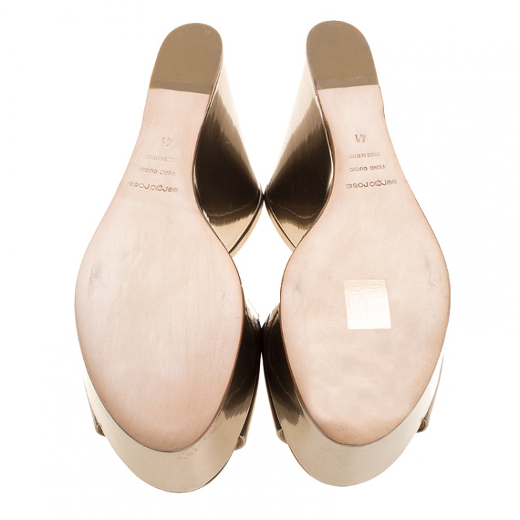 Pre Owned Sergio Rossi Gold Patent Leather Lakeesha Wedge Slides Size 41
