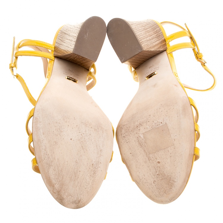مملوكة مسبقًا Sergio Rossi Yellow Patent Leather Paloma Ankle Strap Sandals Size 38