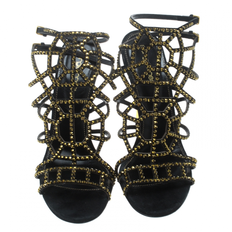 Pre Owned Sergio Rossi Black Laser Cut Suede Crystal Embellished Puzzle Peep Toe Sandals Size 37.5