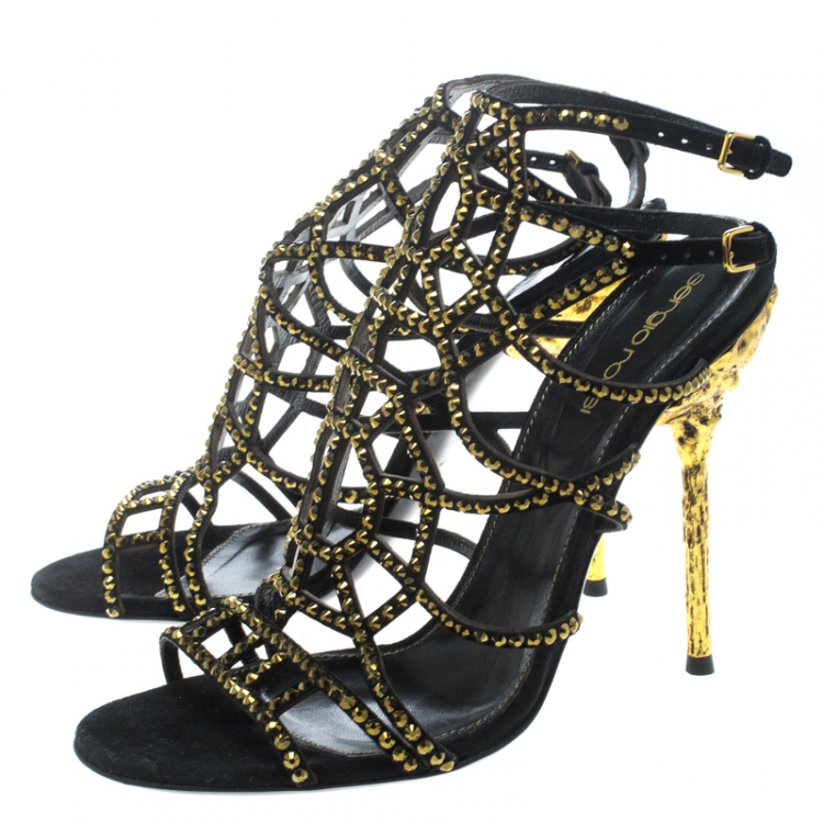 Pre Owned Sergio Rossi Black Laser Cut Suede Crystal Embellished Puzzle Peep Toe Sandals Size 37.5