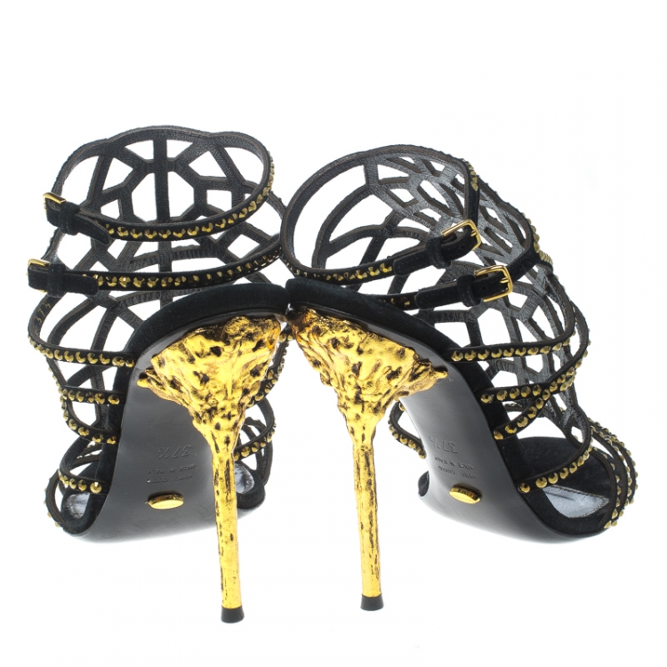 Pre Owned Sergio Rossi Black Laser Cut Suede Crystal Embellished Puzzle Peep Toe Sandals Size 37.5