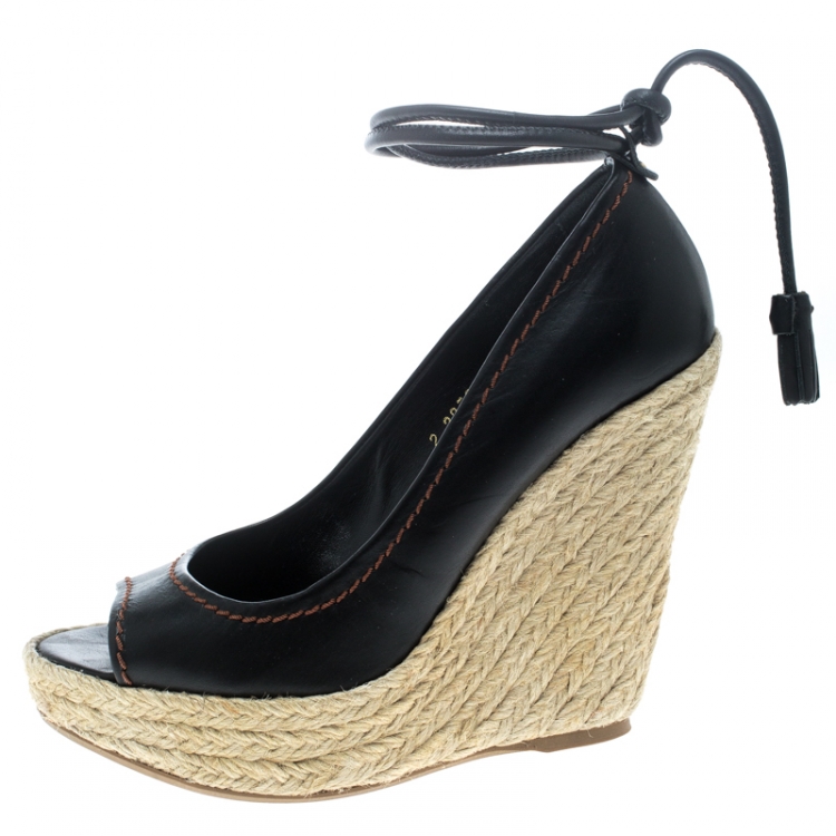 Pre Owned Sergio Rossi Black Leather Peep Toe Espadrilles Wedge Pumps Size 36.5