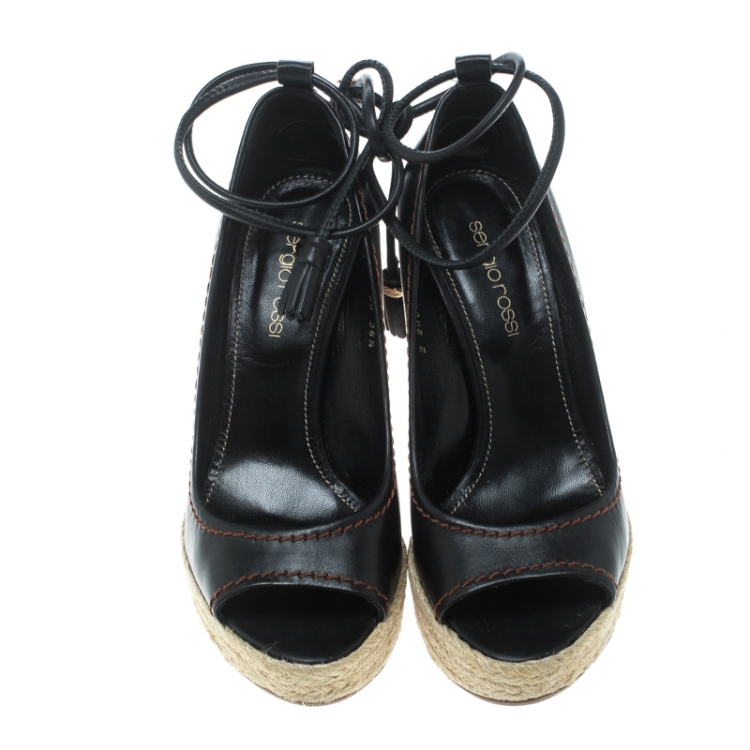 Pre Owned Sergio Rossi Black Leather Peep Toe Espadrilles Wedge Pumps Size 36.5