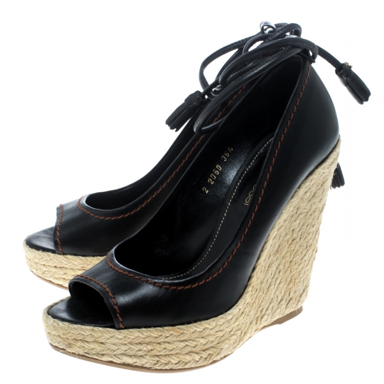 Pre Owned Sergio Rossi Black Leather Peep Toe Espadrilles Wedge Pumps Size 36.5