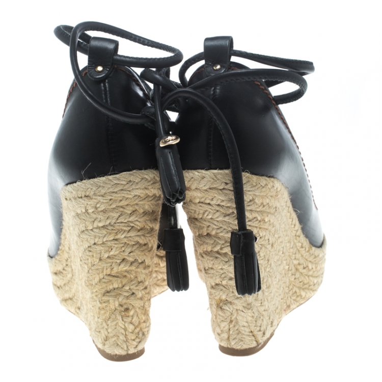 Pre Owned Sergio Rossi Black Leather Peep Toe Espadrilles Wedge Pumps Size 36.5