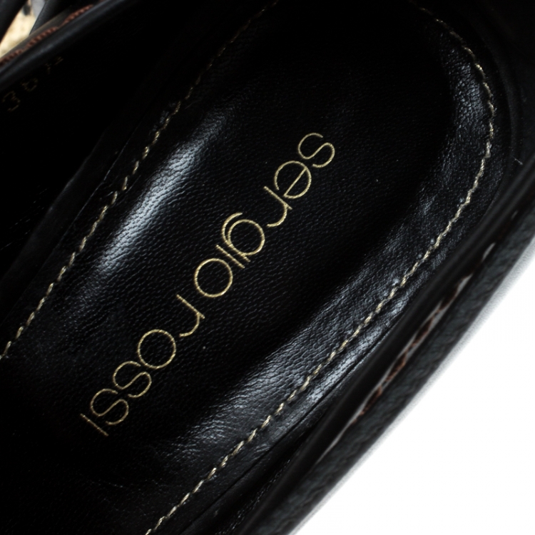 Pre Owned Sergio Rossi Black Leather Peep Toe Espadrilles Wedge Pumps Size 36.5