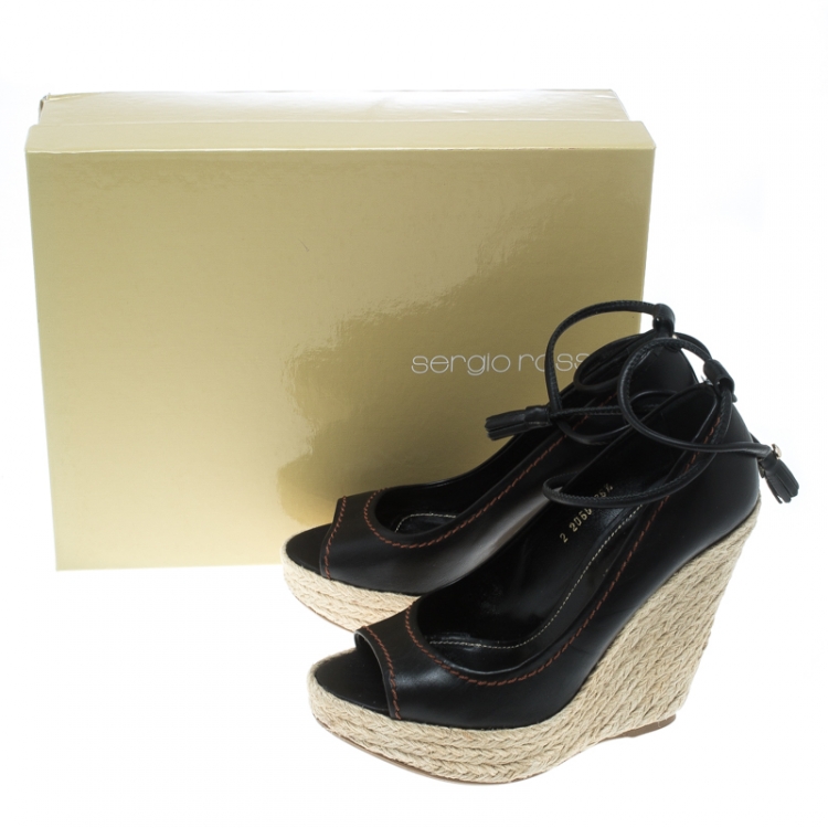 Pre Owned Sergio Rossi Black Leather Peep Toe Espadrilles Wedge Pumps Size 36.5