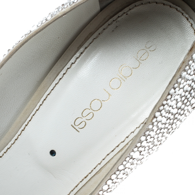 Pre Owned Sergio Rossi White Satin Crystal Embellished Pumps Size 37.5