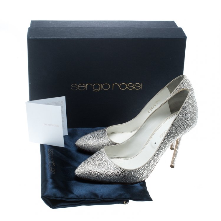 Pre Owned Sergio Rossi White Satin Crystal Embellished Pumps Size 37.5