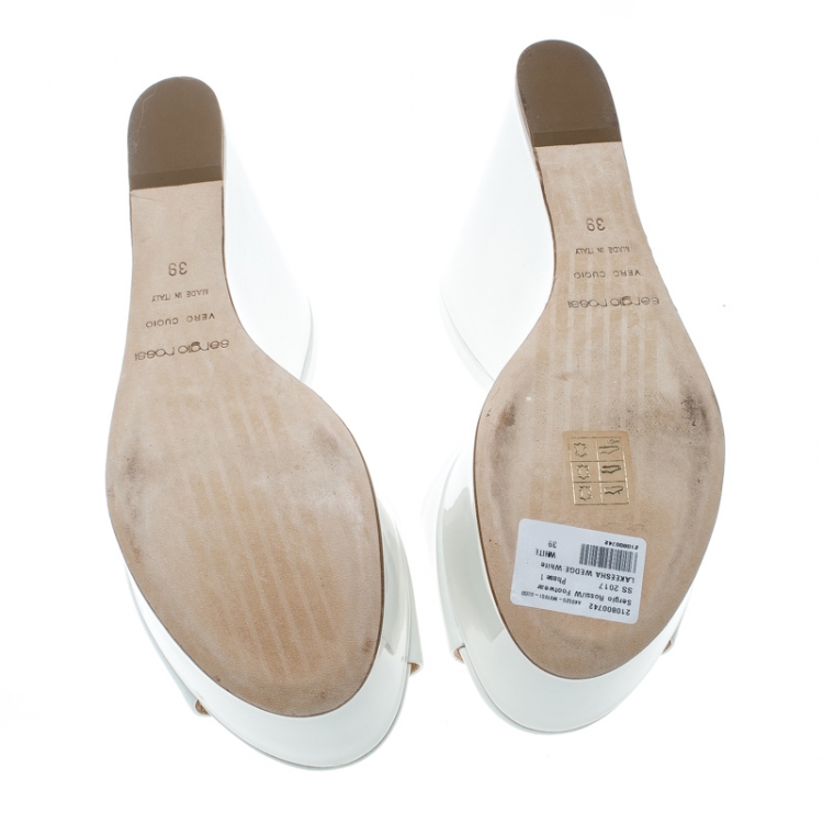 Pre Owned Sergio Rossi White Patent Leather Lakeesha Wedge Slides Size 39