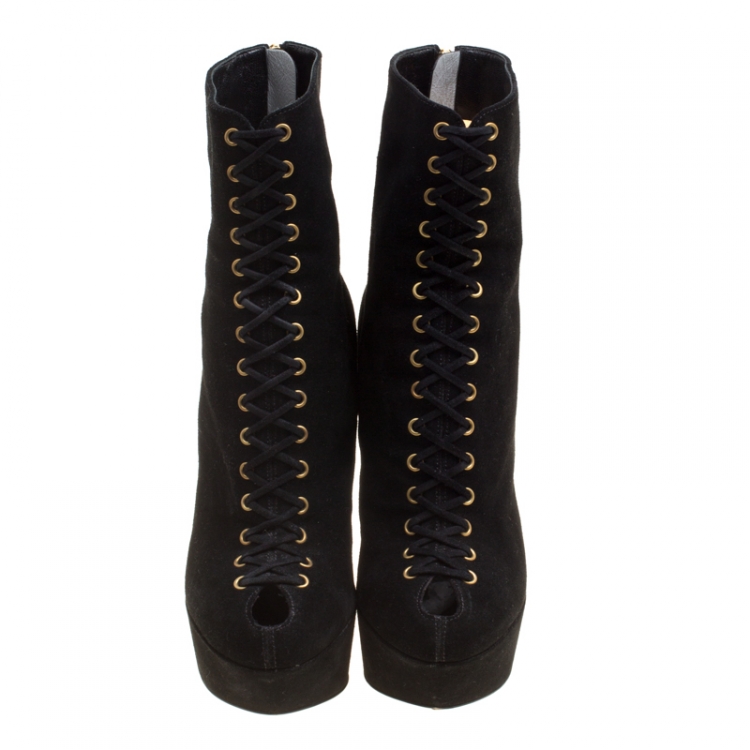 Pre Owned Sergio Rossi Black Suede Platform Booties Size 35.5