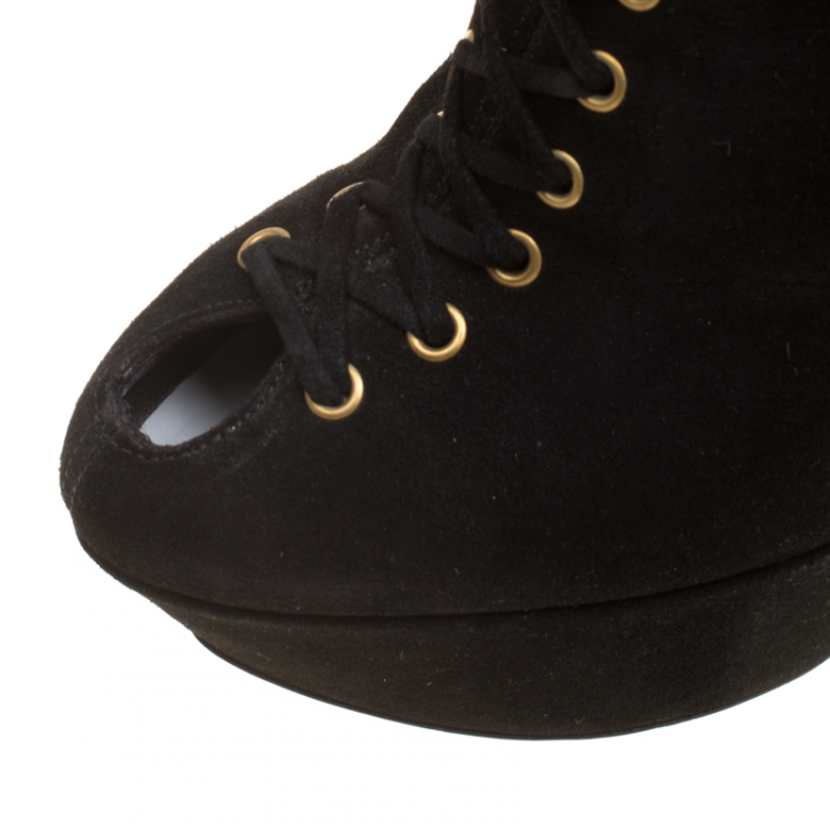 Pre Owned Sergio Rossi Black Suede Platform Booties Size 35.5