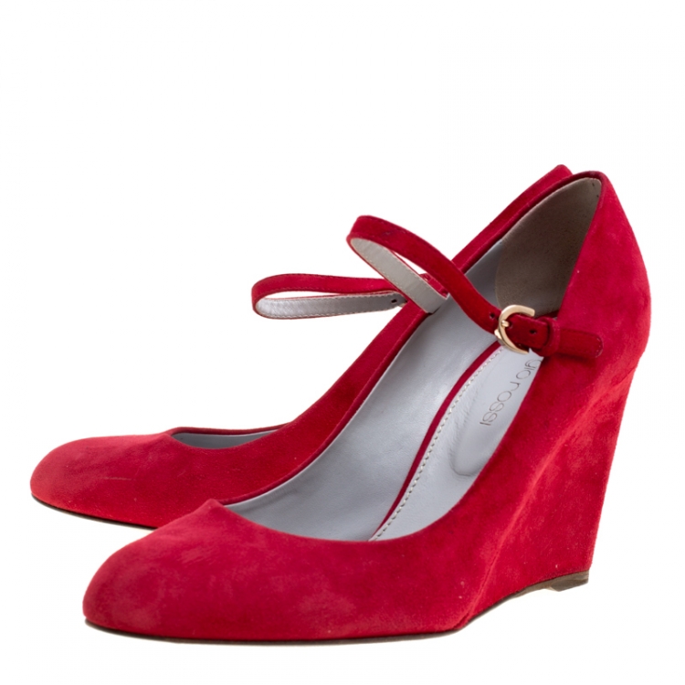 Pre Owned Sergio Rossi Red Suede Mary Jane Wedge Pumps Size 37.5