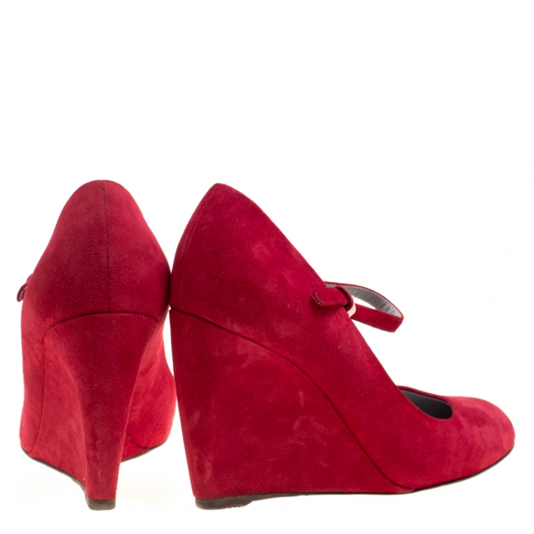 Pre Owned Sergio Rossi Red Suede Mary Jane Wedge Pumps Size 37.5