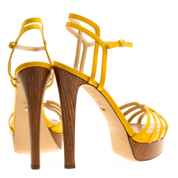 Pre Owned Sergio Rossi Yellow Patent Leather Paloma Ankle Strap Platform Sandals Size 39