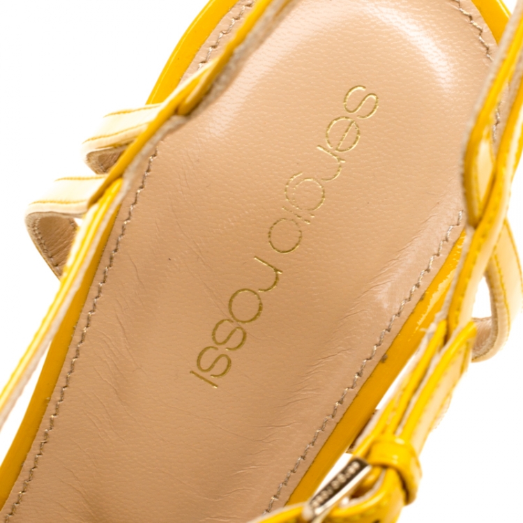 Pre Owned Sergio Rossi Yellow Patent Leather Paloma Ankle Strap Platform Sandals Size 39