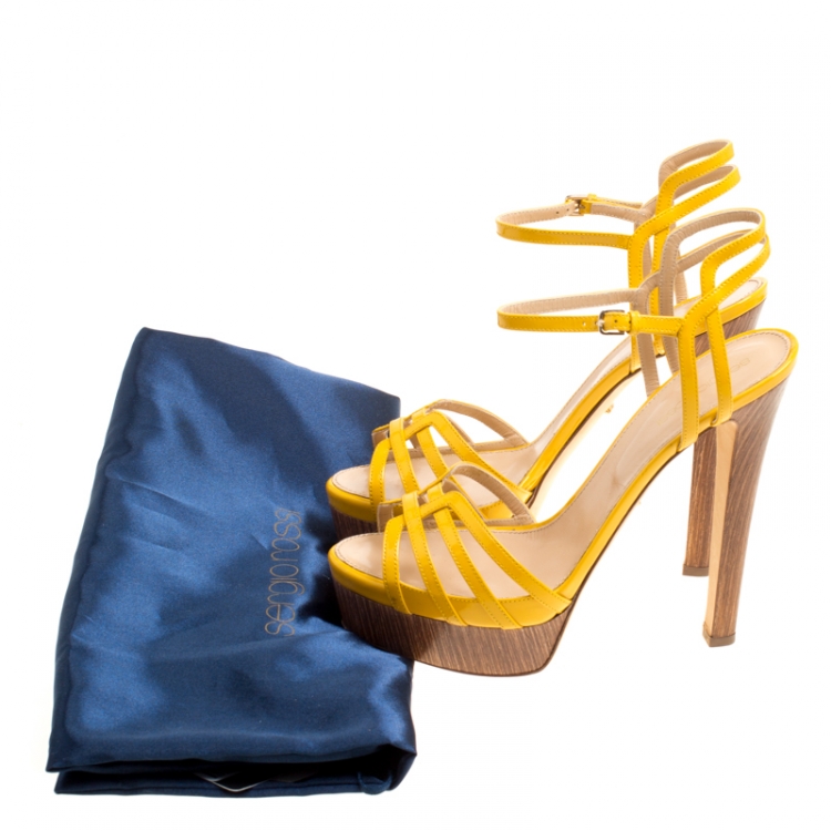 Pre Owned Sergio Rossi Yellow Patent Leather Paloma Ankle Strap Platform Sandals Size 39