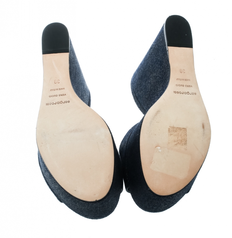 Pre Owned Sergio Rossi Navy Blue Embossed Suede Lakeesha Peep Toe Wedge Sandals Size 39 