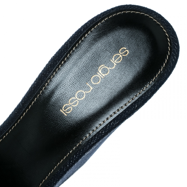 Pre Owned Sergio Rossi Navy Blue Embossed Suede Lakeesha Peep Toe Wedge Sandals Size 39 