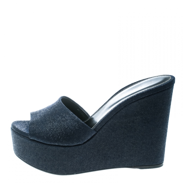 Pre Owned Sergio Rossi Navy Blue Embossed Suede Lakeesha Peep Toe Wedge Sandals Size 39 