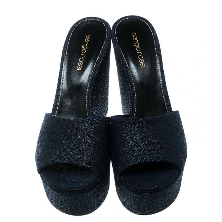 Pre Owned Sergio Rossi Navy Blue Embossed Suede Lakeesha Peep Toe Wedge Sandals Size 39 