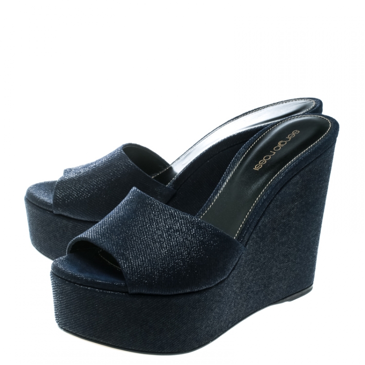 Pre Owned Sergio Rossi Navy Blue Embossed Suede Lakeesha Peep Toe Wedge Sandals Size 39 