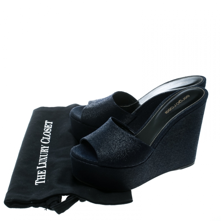 Pre Owned Sergio Rossi Navy Blue Embossed Suede Lakeesha Peep Toe Wedge Sandals Size 39 