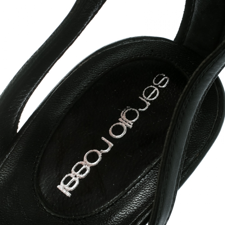 Pre Owned Sergio Rossi Black Leather Wedge Ankle Strap Sandals Size 38.5