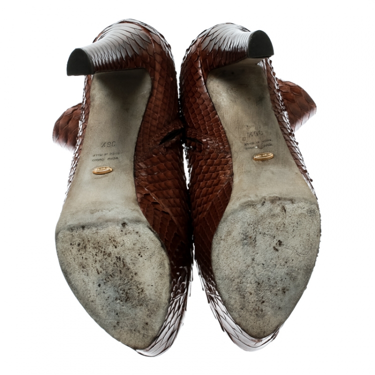 Pre Owned Sergio Rossi  Brown Python Leather Platform Ankle Boots Size 36.5