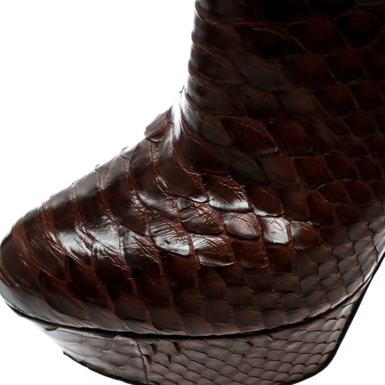Pre Owned Sergio Rossi  Brown Python Leather Platform Ankle Boots Size 36.5