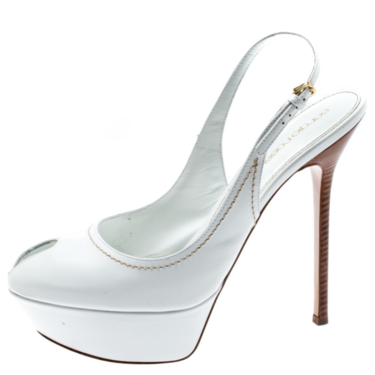 Pre Owned Sergio Rossi White Cachet Peep Toe Platform Slingback Sandals Size 39.5