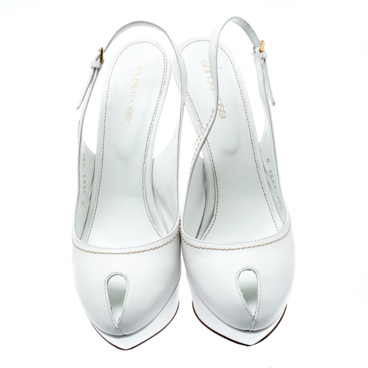 Pre Owned Sergio Rossi White Cachet Peep Toe Platform Slingback Sandals Size 39.5