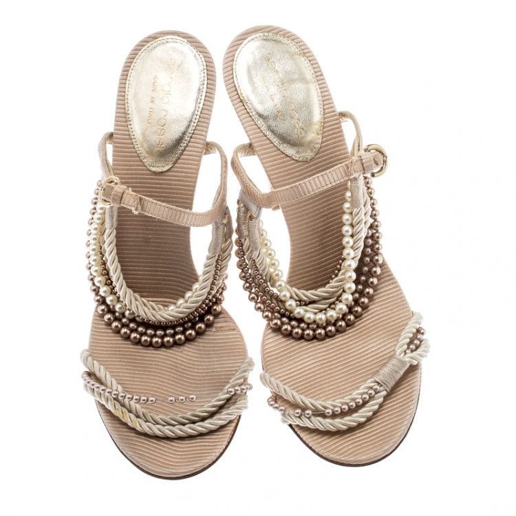 Pre Owned Sergio Rossi Beige Fabric And Pearl Strap Sandals Size 39