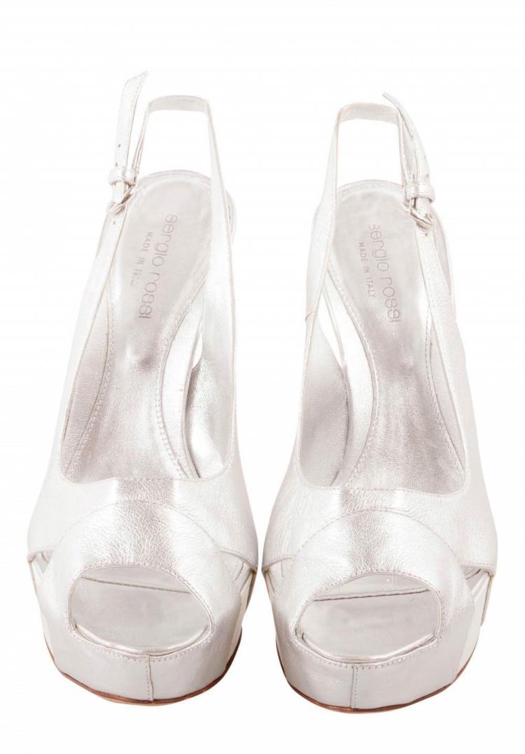 Pre Owned Sergio Rossi Silver Leather Peep Toe Slingback Platform Sandals Size 37