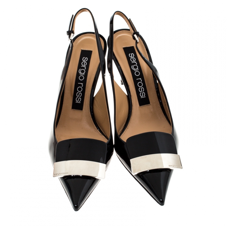 Pre Owned Sergio Rossi Black Patent Leather Scarpe Donna Slingback Platform Pumps Size 38