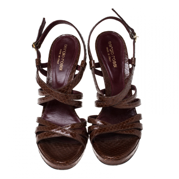 Pre Owned Sergio Rossi Brown Python Leather Strappy Platform Sandals Size 38.5